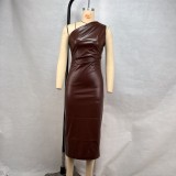 Women's Slash Shoulder Pu Leather Sexy Nightclub Dress