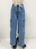 Spring Street Cargo Pants Women Multi-Pocket Wide-Leg Denim Pants