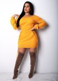 Sexy Off-Shoulder Lace-Up Slim Waist Solid Color Long Sleeve Casual Dress