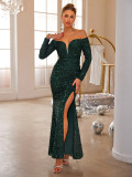 Chic Off Shoulder Solid Color Formal Party Long Sequin Evening Dress
