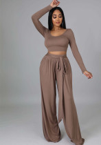 Fashion Solid Color Casual Round Neck Long-Sleeved Top Wide-Leg Trousers Two Piece Set