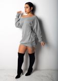 Sexy Off-Shoulder Lace-Up Slim Waist Solid Color Long Sleeve Casual Dress