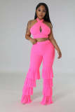 Women's Cross Halter Neck Solid Color Top Sexy Slim Mesh Tassel Pants Two Piece Set