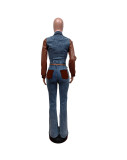 Leather Denim Patchwork Jacket Trousers Women's Two Piece Set