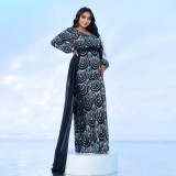 Plus Size Women's Long Sleeve V-Neck Formal Party Sequin Belt Evening Dress