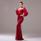 Chic Long Sleeve Round Neck Formal Party Bodycon Beaded Sequin Evening Dress Women Bridesmaid Gown