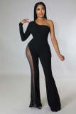 Women's Fashion One-Shoulder Long-Sleeved Mesh Patchwork One-Piece Flared Leg Jumpsuit