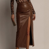 Women's Clothing Solid Color High Waist Slim Slit Leather Skirt
