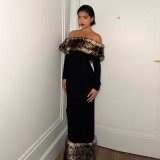 Women's Sexy Leopard Fur Patchwork Off Shoulder Long Dress