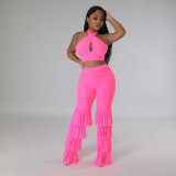 Women's Cross Halter Neck Solid Color Top Sexy Slim Mesh Tassel Pants Two Piece Set