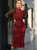 Women's Mesh Long Sleeve Printed Midi Bodycon Dress