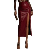 Women's Clothing Solid Color High Waist Slim Slit Leather Skirt