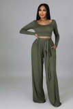 Fashion Solid Color Casual Round Neck Long-Sleeved Top Wide-Leg Trousers Two Piece Set