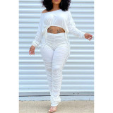 Women's Autumn And Winter Fashion Casual Sports Round Neck Pleated Drawstring Long-Sleeved Two Piece Trousers Set