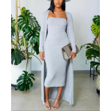 Autumn Long-Sleeved Coat Chic Fashion Solid Color Strapless Slim Long Dress Two Piece Set