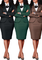 Women's Autumn And Winter New Fashion Professional Long Sleeve Blazer Bodycon Slit Skirt Two Piece Set