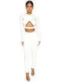 Autumn Women's Clothing Sexy Hollow Cross Solid Color Long Sleeve Top  High Waist Tight Fitting Pants Sports Casual Two Piece Set