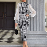 Women's Mesh Long Sleeve Printed Midi Bodycon Dress