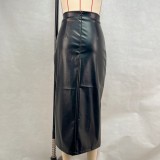 Women's Clothing Solid Color High Waist Slim Slit Leather Skirt