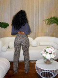 Fashionable High Waist Hollow Leopard Print Diamond Casual Trousers
