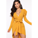 Sexy V-Neck Puff Sleeve Lace-Up Solid Color Dress