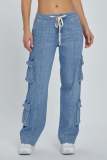 Spring Street Cargo Pants Women Multi-Pocket Wide-Leg Denim Pants