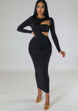 Solid Color Fashion Sexy Low Back Irregular Long-Sleeved Dress Strapless Top Two-Piece Set Women's Clothing