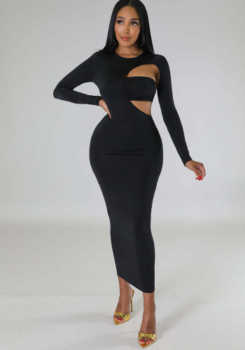 Solid Color Fashion Sexy Low Back Irregular Long-Sleeved Dress Strapless Top Two-Piece Set Women's Clothing