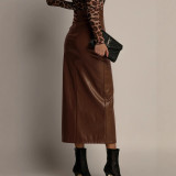 Women's Clothing Solid Color High Waist Slim Slit Leather Skirt