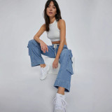 Spring Street Cargo Pants Women Multi-Pocket Wide-Leg Denim Pants
