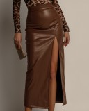 Women's Clothing Solid Color High Waist Slim Slit Leather Skirt