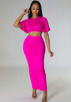 Solid Color Sexy Short-Sleeved Crop Top Slim Long Skirt Two Piece Set