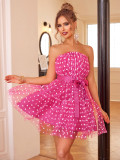 Women's Polka Dot Print Strapless Belt A-Line Dress