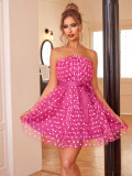 Women's Polka Dot Print Strapless Belt A-Line Dress
