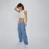 Spring Street Cargo Pants Women Multi-Pocket Wide-Leg Denim Pants