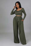 Fashion Solid Color Casual Round Neck Long-Sleeved Top Wide-Leg Trousers Two Piece Set
