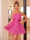 Women's Polka Dot Print Strapless Belt A-Line Dress