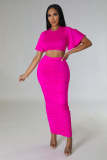 Solid Color Sexy Short-Sleeved Crop Top Slim Long Skirt Two Piece Set