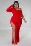 Women's Fashion One-Shoulder Long-Sleeved Mesh Patchwork One-Piece Flared Leg Jumpsuit