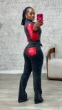 Leather Denim Patchwork Jacket Trousers Women's Two Piece Set
