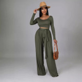 Fashion Solid Color Casual Round Neck Long-Sleeved Top Wide-Leg Trousers Two Piece Set
