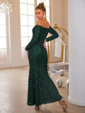 Chic Off Shoulder Solid Color Formal Party Long Sequin Evening Dress
