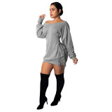 Sexy Off-Shoulder Lace-Up Slim Waist Solid Color Long Sleeve Casual Dress