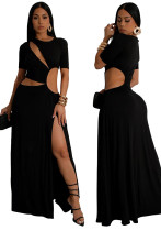 Women's Sexy Hollow Waist Irregular Long Solid Color Slit Dress Women's Sexy Hollow Waist Irregular Long Solid Color Slit Dress