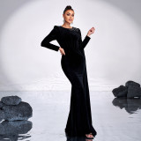 Chic Round Neck Long Sleeve Beaded Formal Party Bodycon Evening Dress Women Bridesmaid Gown