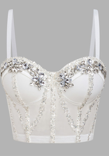 Women rhinestone sequined shoulder strap bra Top
