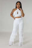 Women's Cross Halter Neck Solid Color Top Sexy Slim Mesh Tassel Pants Two Piece Set