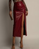 Women's Clothing Solid Color High Waist Slim Slit Leather Skirt