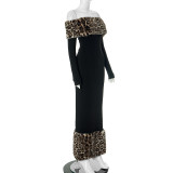 Women's Sexy Leopard Fur Patchwork Off Shoulder Long Dress
