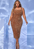 Plus Size Solid Color Square Neck Sequin Strap High Waist Evening Dress